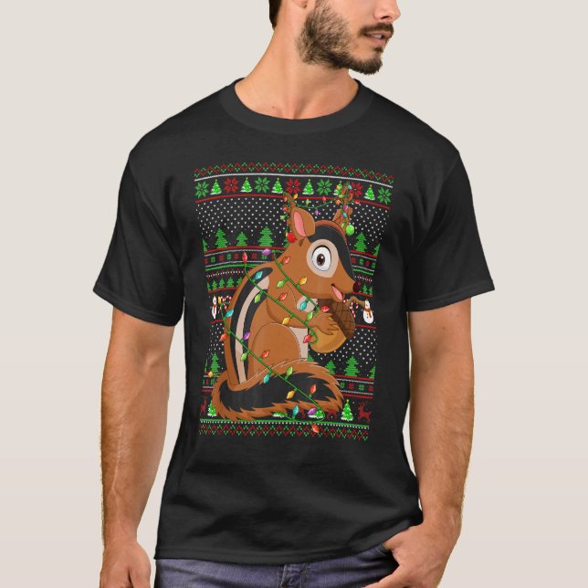 Camiseta Estilo de Sweater Ugly Xmas Iluminação Chipmunk Ch (Frente)