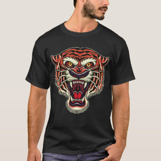 Camiseta Estilo de Tatuagem Antiga Cabeça de Tigre