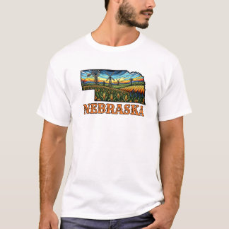Camiseta Estilo de Tatuagem de Nebraska com Campos de Milho