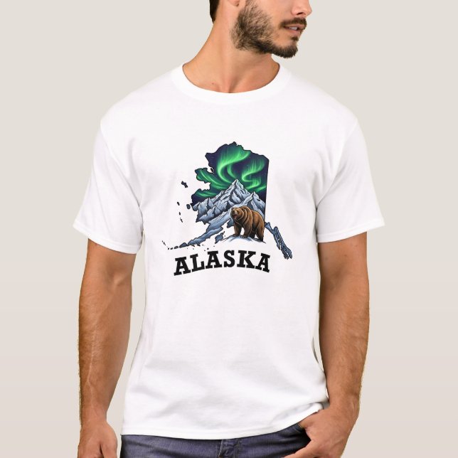 Camiseta Estilo de Tatuagem do Alasca - Luzes de Norte, Gri (Frente)