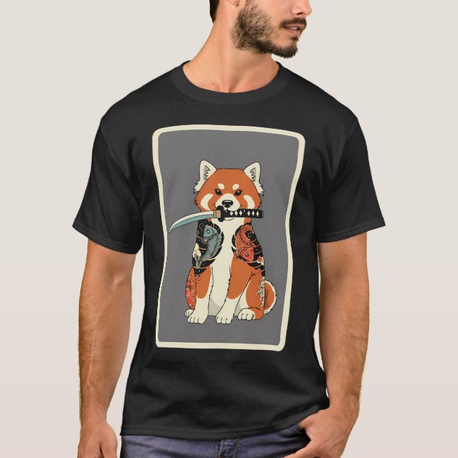 Camiseta Estilo de Tatuagem do Panda Vermelho Samurai (Frente)