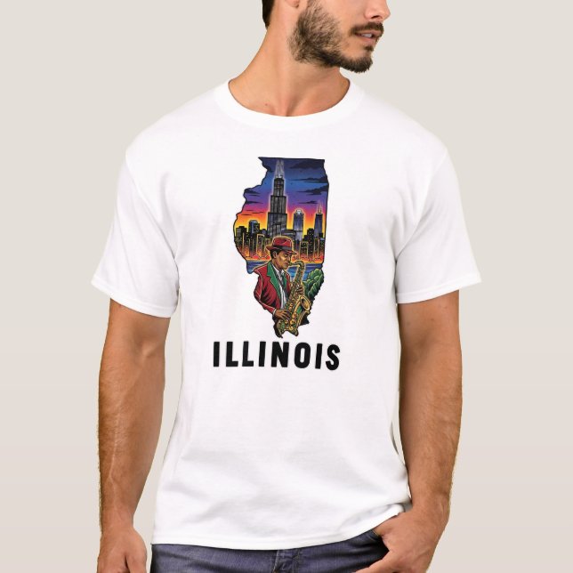 Camiseta Estilo de Tatuagem Estadual de Illinois Skyline Ja (Frente)