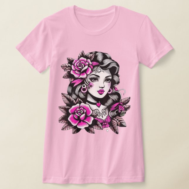 Camiseta Estilo de Tatuagem Feminina Mulher com Rosas (Postura )