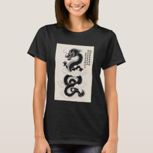 Camiseta Estilo de Tinta de Desenho de Dragão Asiático Trad