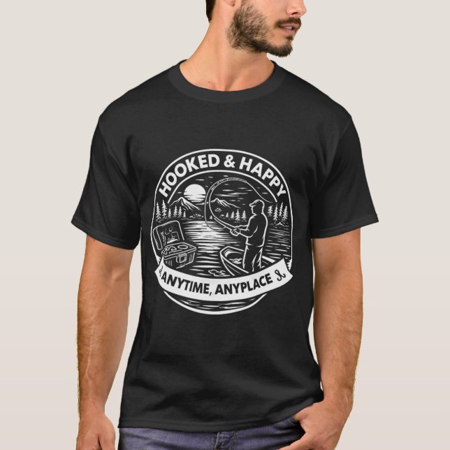 Camiseta Estilo de Vida de Pesca Viciado e Feliz (Frente)
