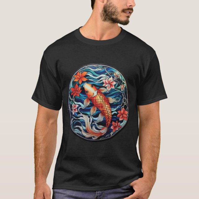Camiseta Estilo de Vidro Asiático Koi Fish e Camellias (Frente)