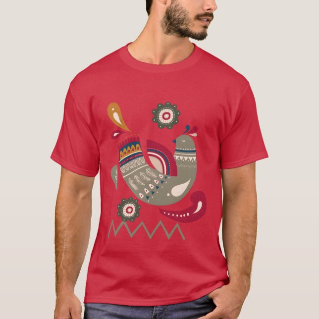 Camiseta Estilo étnico das aves escandinavas de inverno (Frente)