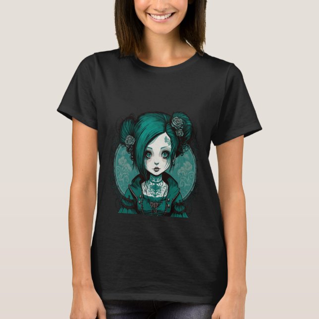 Camiseta Estilo Gótico Escuro Chibi Rosa Tone Turquoise (Frente)