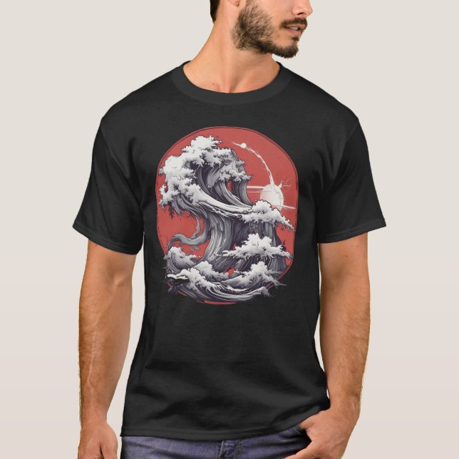 Camiseta Estilo Japonês Ondas Marítimas Ilustração T-Shirt (Frente)