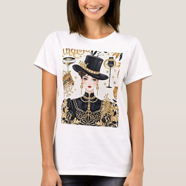 Camiseta Estilo Moulin rouge, preto e dourado, luxo rico (Frente)
