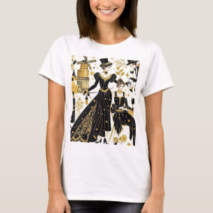 Camiseta Estilo Moulin rouge, preto e dourado, luxo rico