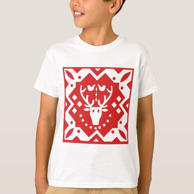 Camiseta Estilo Nórdico de Natal Reindeer Vermelho (Frente)