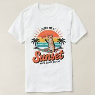 Camiseta Estilo Praia Retrô Pôr do Sol Gato de Ver