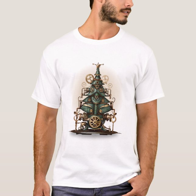 Camiseta Estilo Retroativo da Árvore de Natal Steampunk (Frente)