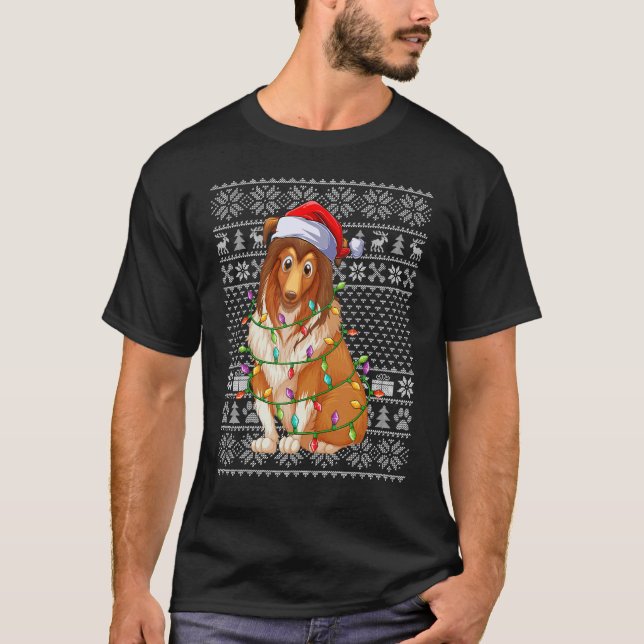 Camiseta Estilo Suave Feio Luzes Xmas Papais noeis Sheepdog (Frente)