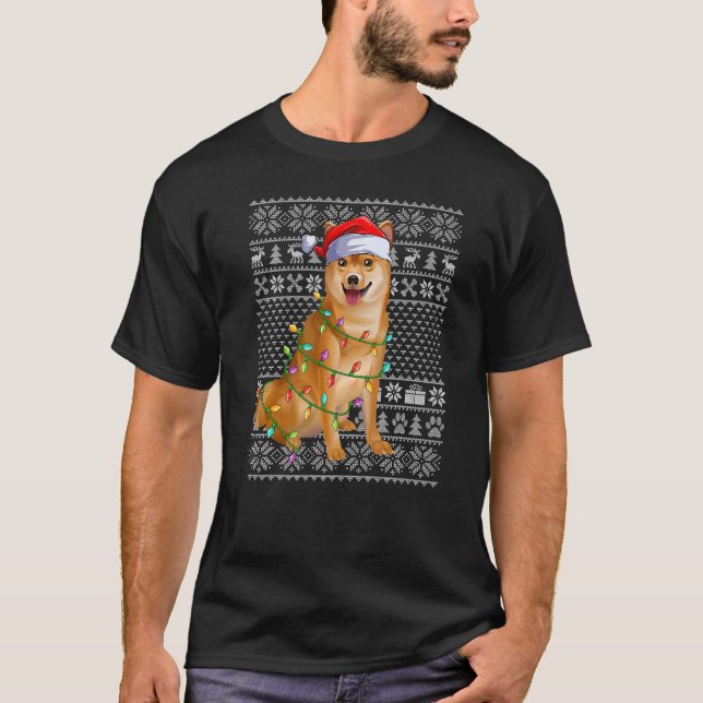 Camiseta Estilo Suave Feio Luzes Xmas Papais noeis Shiba In (Frente)