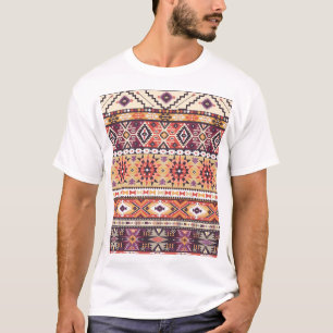 Camiseta Estilo tribal colorido, padrão contínuo vibrante.