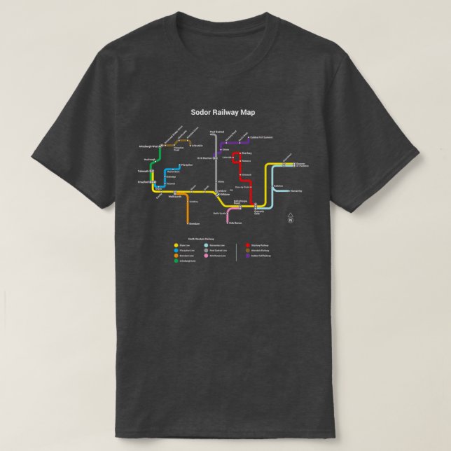 Camiseta Estilo TTC do Mapa Ferroviário do Sodor Escuro 1 (Frente do Design)
