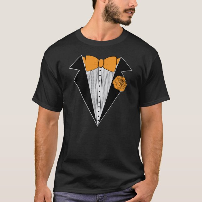 Camiseta Estilo Tuxedo Preto com Laranja Bowtie & Rosa (Frente)