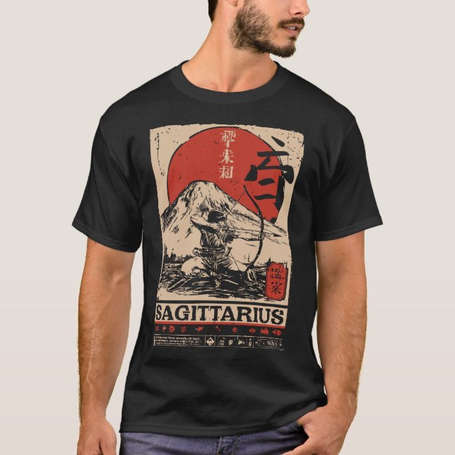 Camiseta Estilo Ukiyo-e Sagittarius Zodiac | Red Sun Archer (Frente)