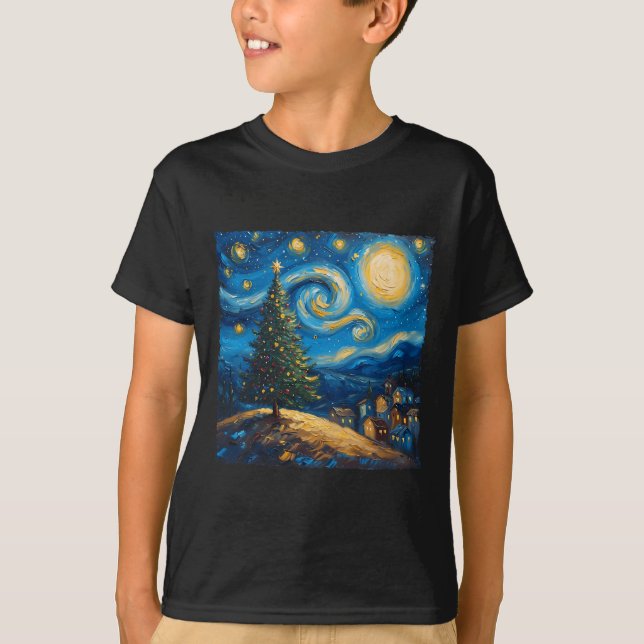 Camiseta Estilo Van Gogh A Árvore De Natal Da Noite Estrela (Frente)