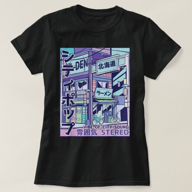 Camiseta Estilo Vaporwave Pop da Cidade 80s Japonês E (Frente do Design)
