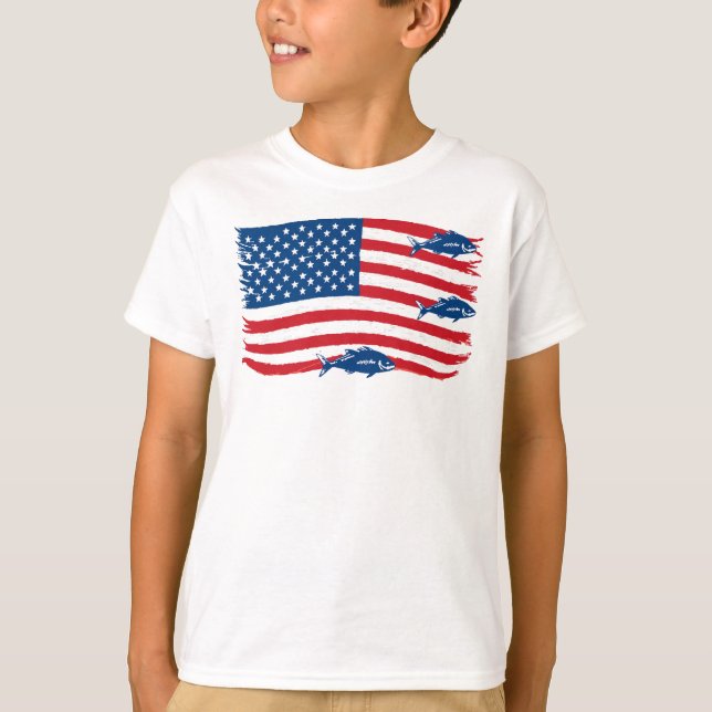 Camiseta Estilo Vintage Pesca Bandeira Americana Vermelha A (Frente)