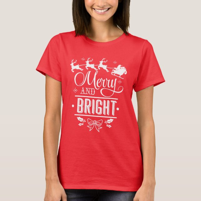 Camiseta Estipografia "Feliz e Brilho" de Natal elegante (Frente)