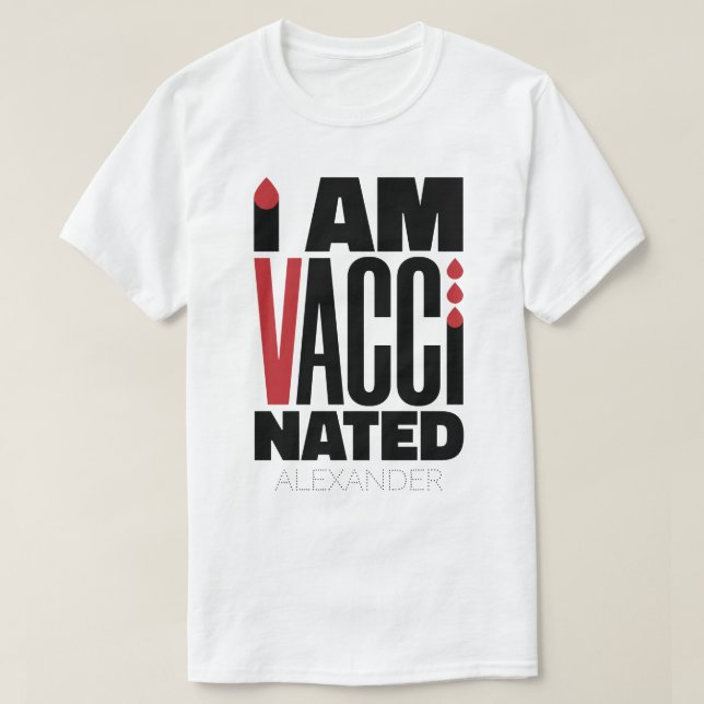 Camiseta Estou Vacinado Covid-19, Engraçado, Nome Vermelho  (Frente do Design)