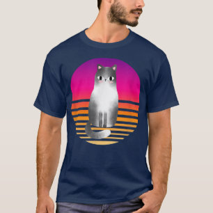 Camiseta Estranho Retro Roxo Gradiente Laranja Funny Cat Fe