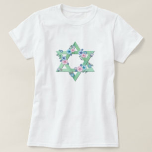 Camiseta Estrela de David em verde claro com flores pastel