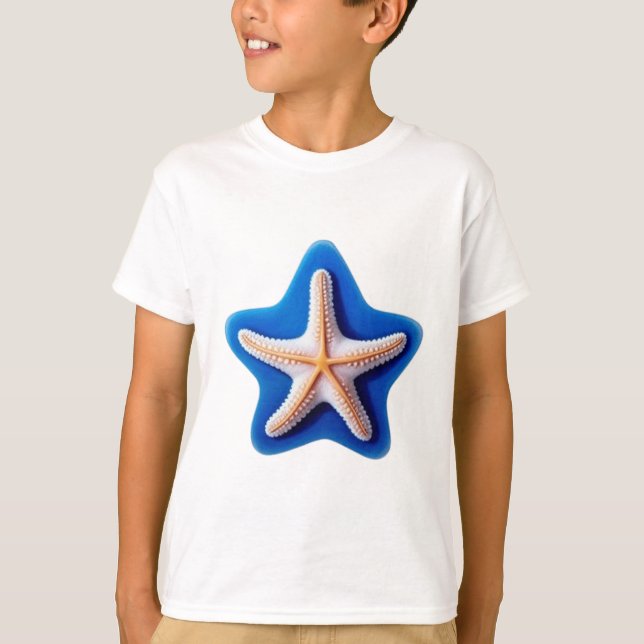 Camiseta Estrela-do-mar laranja em azul (Frente)