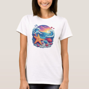 Camiseta Estrela-do-mar Vibrante na Praia com Ondas do Ocea