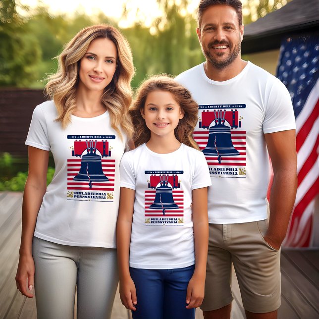 Camiseta Estrelas de Bell de Liberdade e Camiseiros Patriót (A family wears the Liberty Bell design by The American Family.)