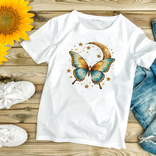 Camiseta Estrelas de Borboleta Celestial Preto Dourado Boho
