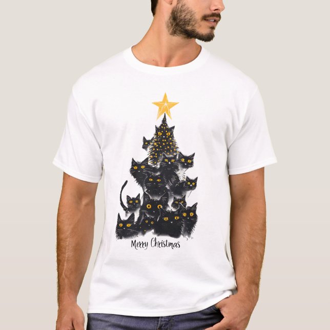 Camiseta Estrelas de Design de Árvore de Natal de Gato Negr (Frente)