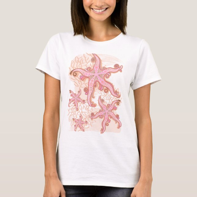 Camiseta Estrelas-do-mar e Coral Padrão Pastel Rosa (Frente)