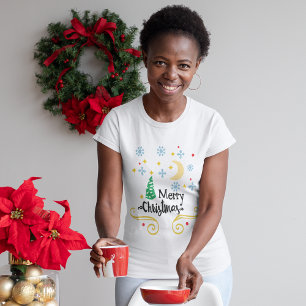Camiseta Estrelas, lua, flocos de neve e Feliz Natal, ZSSG