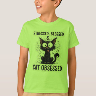 Camiseta Estressado Abençoado & Obsessivo por Gatos Preto E