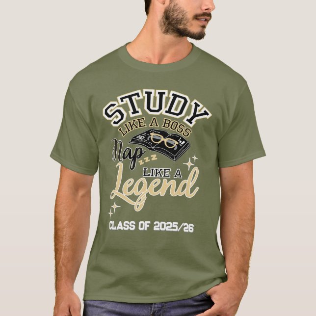 Camiseta Estudar Como um Chefe, Dormir Como uma Lenda, Pres (Frente)