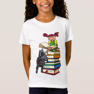 Camiseta Estudo do Buddy GSD Puppy e School Girl em livros
