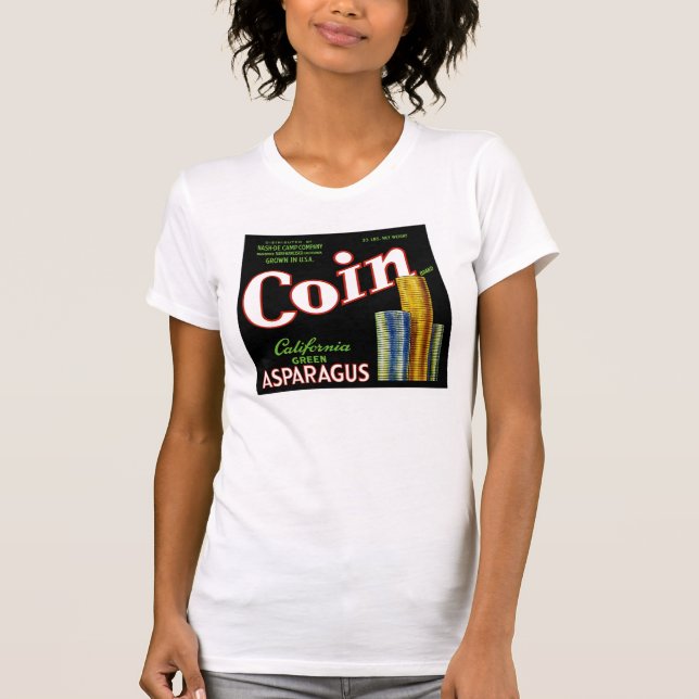 Camiseta Etiqueta de Espargos de Moedas da Califórnia (Frente)