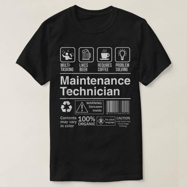 Camiseta Etiqueta do produto técnico de manutenção (Frente do Design)