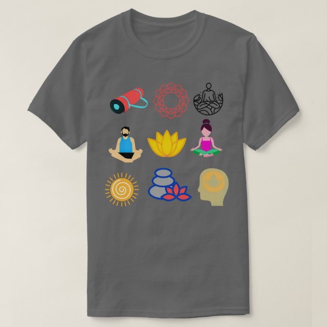 Camiseta Etiquetas de ioga de meditação (Frente do Design)