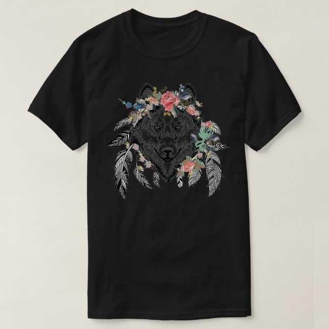 Camiseta Etnia Tribal Wolf Head Boho Feather Nativa America (Frente do Design)
