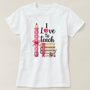 Camiseta Eu Adoro Ensinar Lápis Colorido e Livros Tipografi