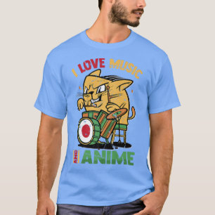 Camiseta Eu Adoro Música E Animação Kawaii Drummer Cat Japã