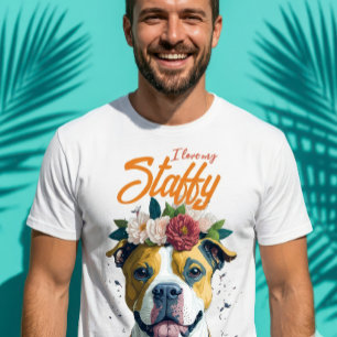 Camiseta Eu adoro o meu Staffy, cão em flores, presente per