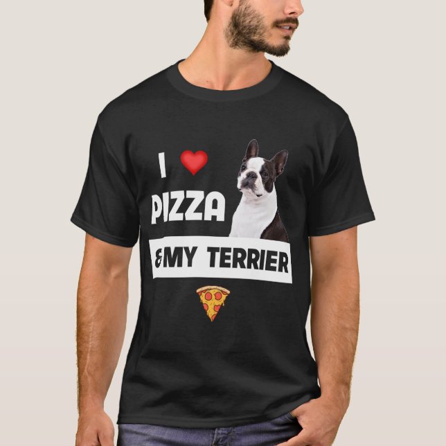 Camiseta Eu adoro Pizza e Meu Boston Terrier Dog Pepperoni  (Frente)