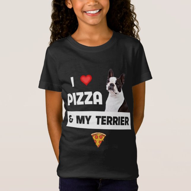 Camiseta Eu adoro Pizza e Meu Boston Terrier Dog Pepperoni  (Frente)